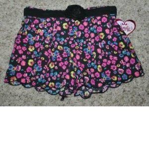Girls Dress Shorts 14 Black Pink Floral Pleated Belted Summer Rayon Candies